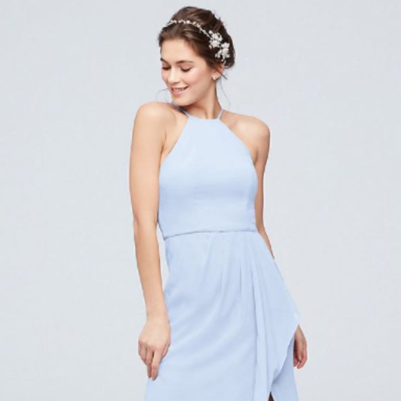 David's Bridal Dresses & Skirts - David's Bridal High-Neck Chiffon Cascade Dress Ice Blue size 4 styleF20014